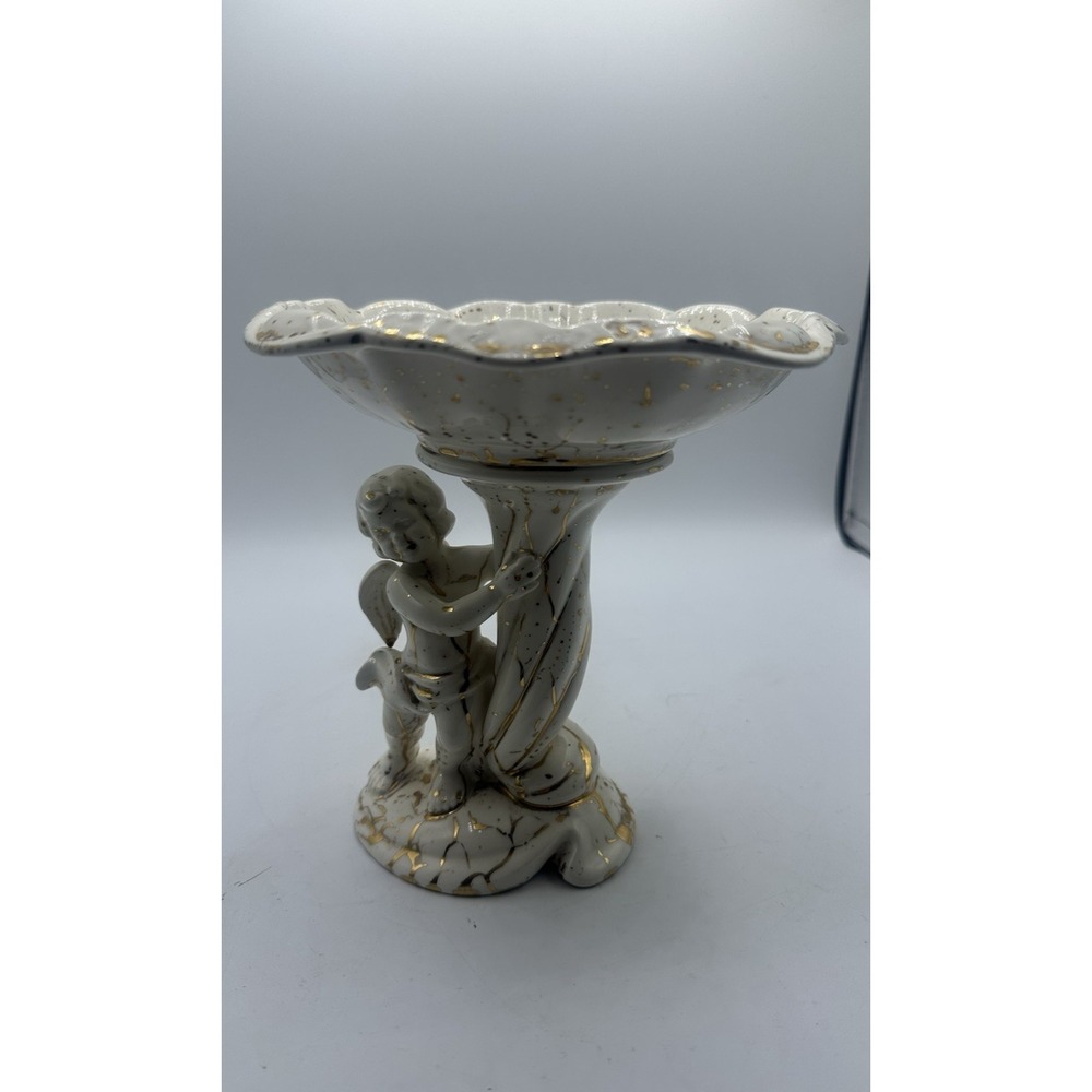Marian Knoke Ceramics Cherub Pedestal Compote Bowl White Gold Splatter